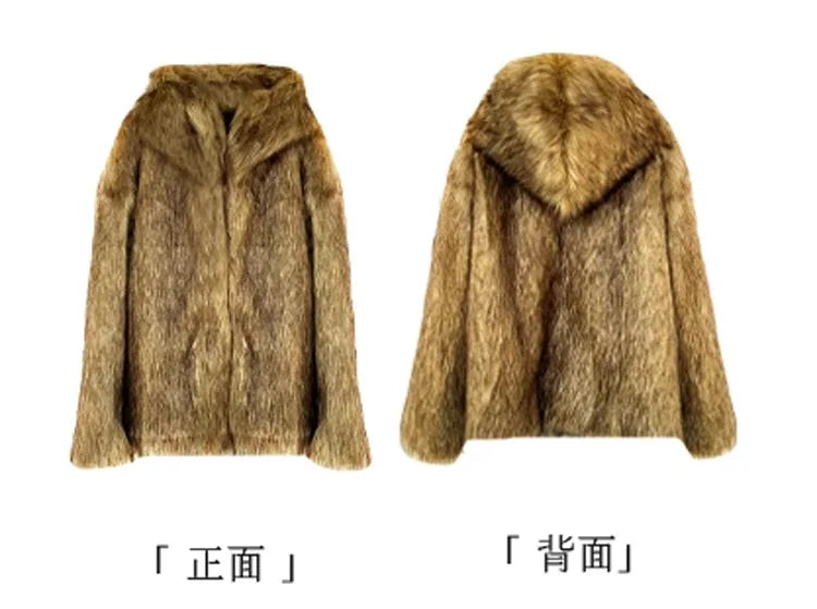 Vintage Harajuku New Man And Women's Fur Coat Thicken Winter Warm Jacket Wolf Fur Color Hooded Faux Fox Fur Coat Young Hooded Jacket