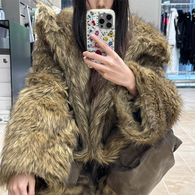 Vintage Harajuku New Man And Women's Fur Coat Thicken Winter Warm Jacket Wolf Fur Color Hooded Faux Fox Fur Coat Young Hooded Jacket