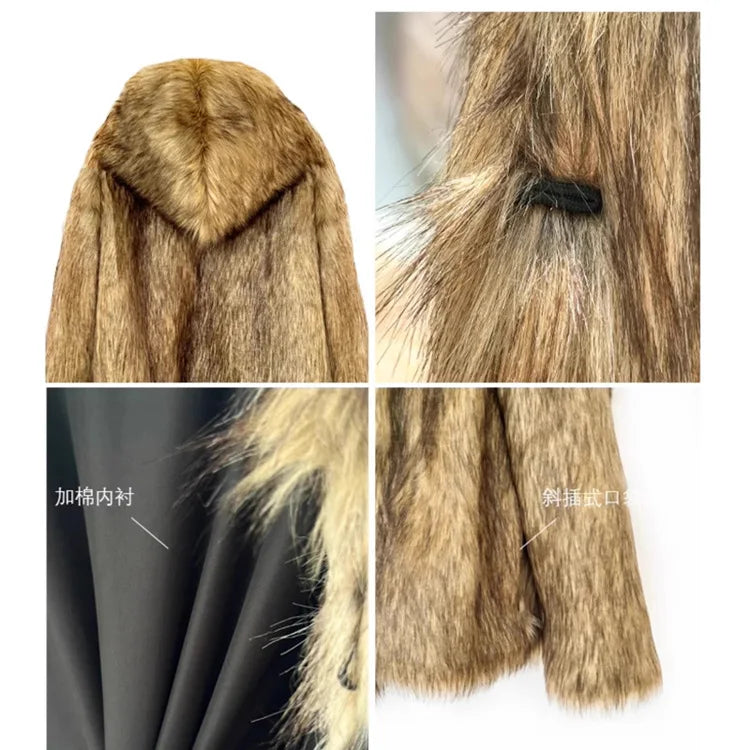 Vintage Harajuku New Man And Women's Fur Coat Thicken Winter Warm Jacket Wolf Fur Color Hooded Faux Fox Fur Coat Young Hooded Jacket