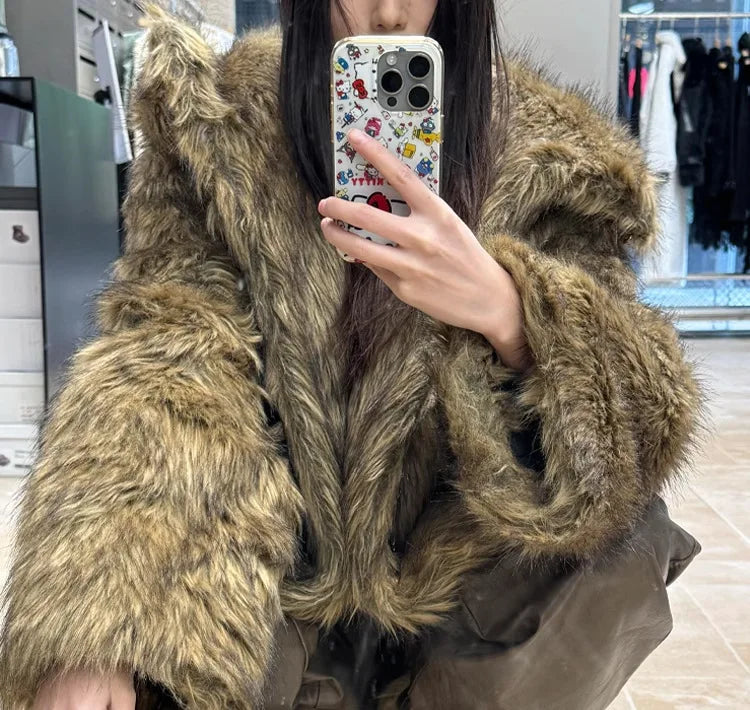 Vintage Harajuku New Man And Women's Fur Coat Thicken Winter Warm Jacket Wolf Fur Color Hooded Faux Fox Fur Coat Young Hooded Jacket