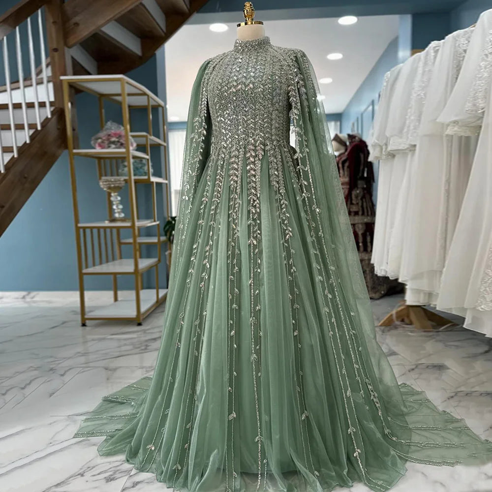 Saudi Arabian Evening Dress فساتين سهرات Customized Modest High Neck Long Sleeves Sparkling Sequined Prom Gown