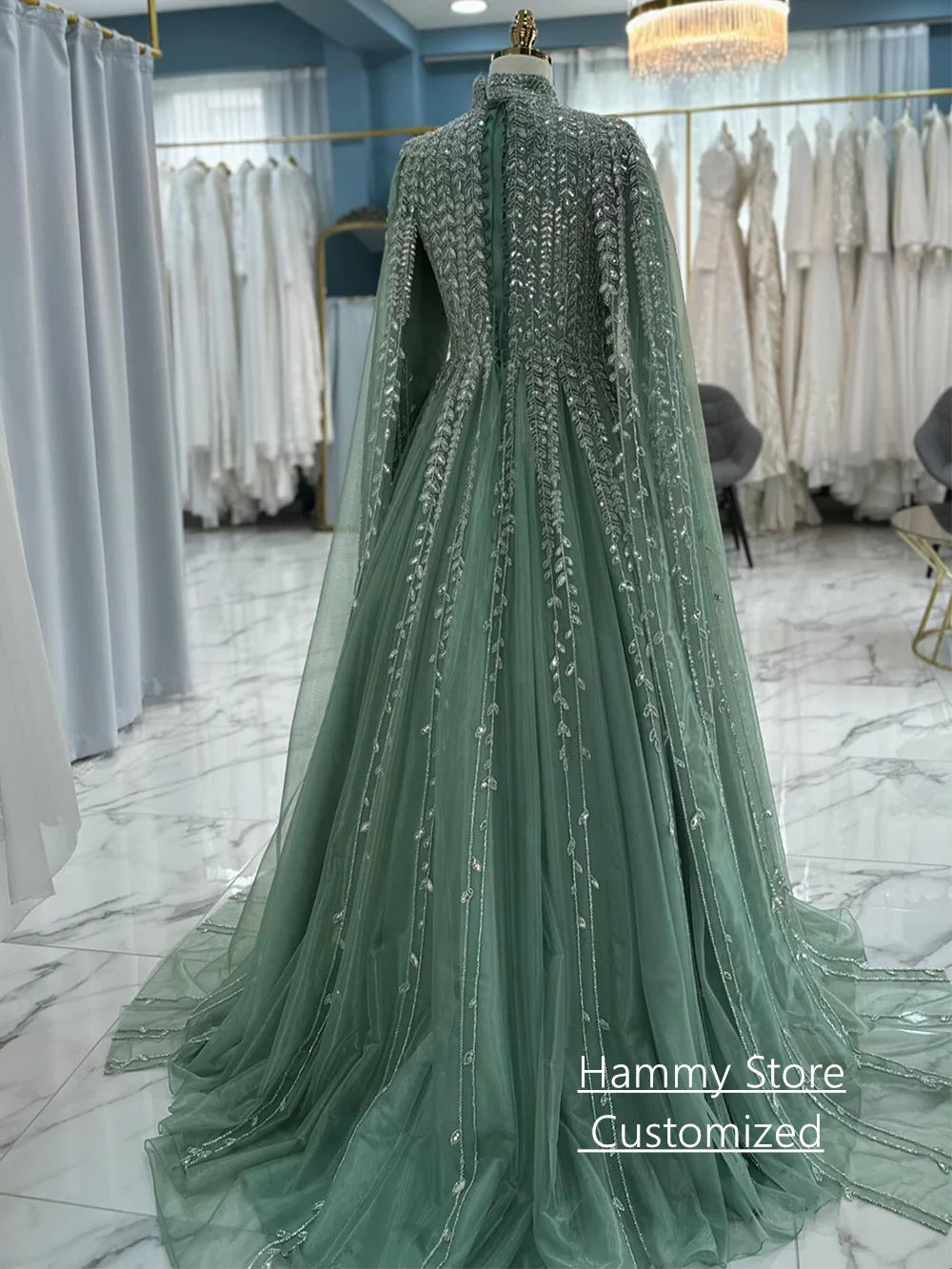 Saudi Arabian Evening Dress فساتين سهرات Customized Modest High Neck Long Sleeves Sparkling Sequined Prom Gown