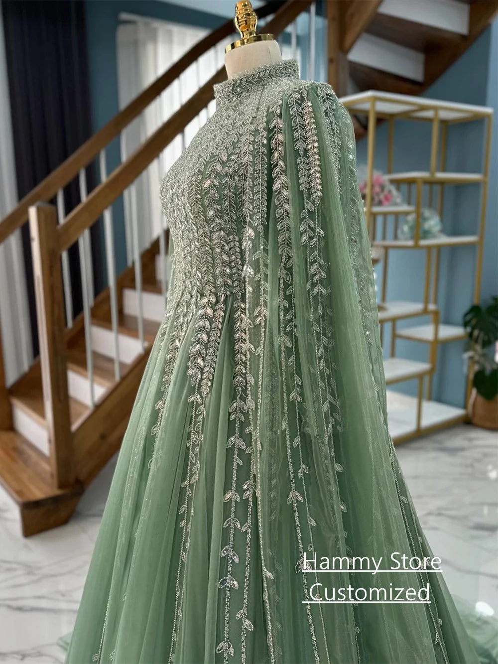 Saudi Arabian Evening Dress فساتين سهرات Customized Modest High Neck Long Sleeves Sparkling Sequined Prom Gown