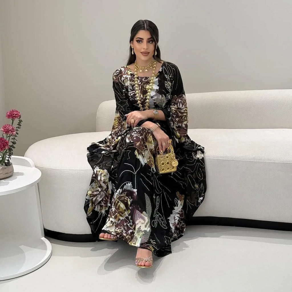 Muslim Dress for Women Chiffon Diamond Party Abaya Dresses Arab Long Robe Morocco Dubai Kaftan Vestidos Jalabiya Ramadan Eid
