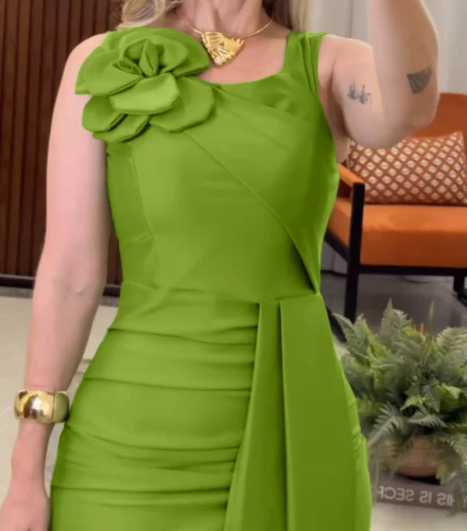 Elegant Dresses for Party Wear 3D Flower Decor Sleeveless Ruched Dress Women's Decorative Side Ties Slit Back Bodycon Dress