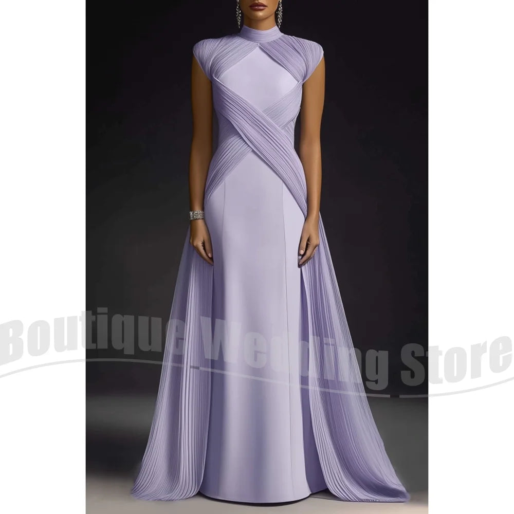 Evening Dresses for Women Fashion Pleated Draped Prom Gowns Slim Elegant High Collar Sleeveless Floor Length Party Dresses