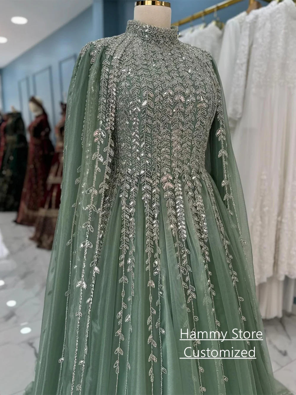 Saudi Arabian Evening Dress فساتين سهرات Customized Modest High Neck Long Sleeves Sparkling Sequined Prom Gown