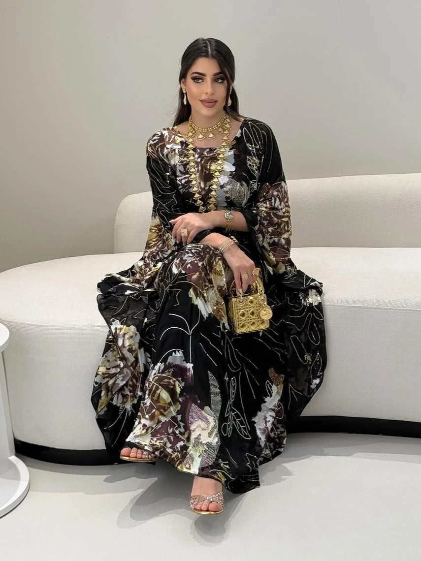 Muslim Dress for Women Chiffon Diamond Party Abaya Dresses Arab Long Robe Morocco Dubai Kaftan Vestidos Jalabiya Ramadan Eid