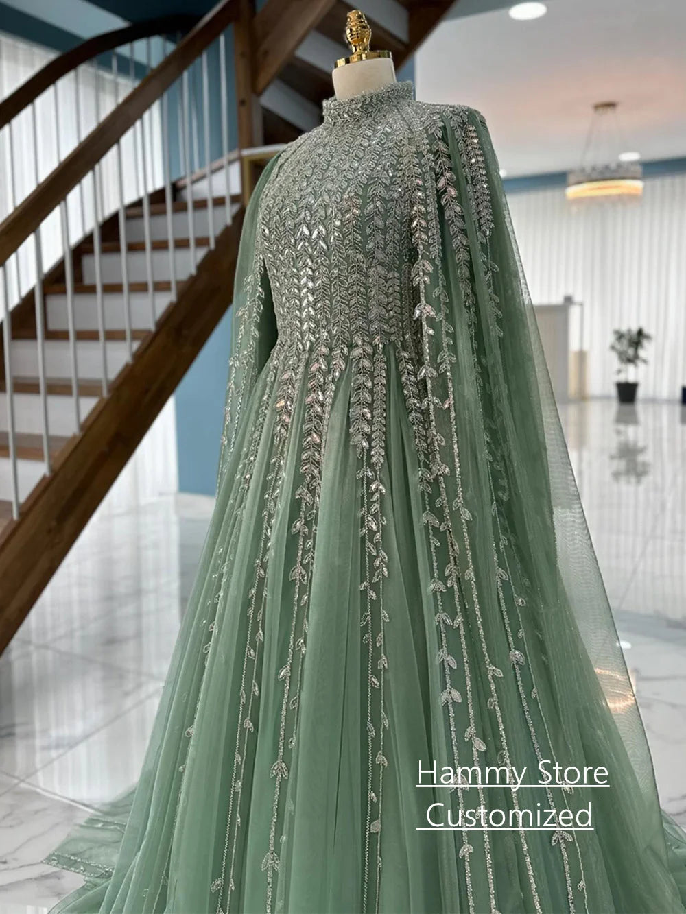 Saudi Arabian Evening Dress فساتين سهرات Customized Modest High Neck Long Sleeves Sparkling Sequined Prom Gown