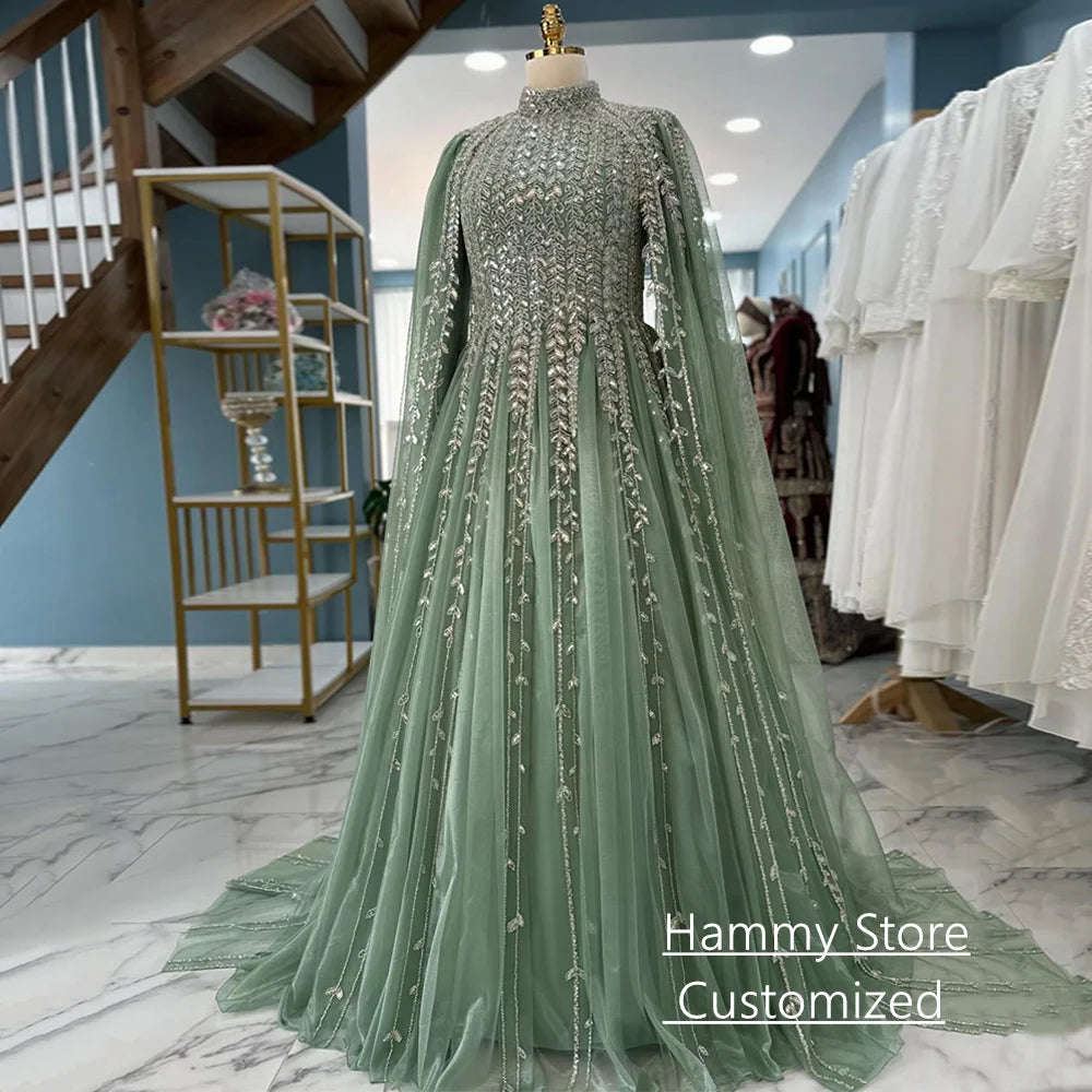 Saudi Arabian Evening Dress فساتين سهرات Customized Modest High Neck Long Sleeves Sparkling Sequined Prom Gown