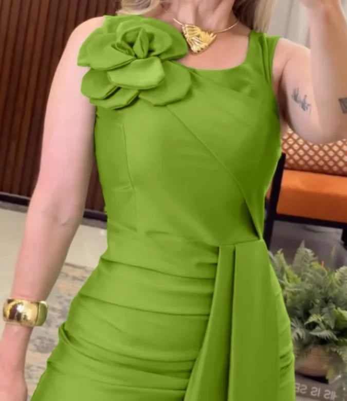 Elegant Dresses for Party Wear 3D Flower Decor Sleeveless Ruched Dress Women's Decorative Side Ties Slit Back Bodycon Dress